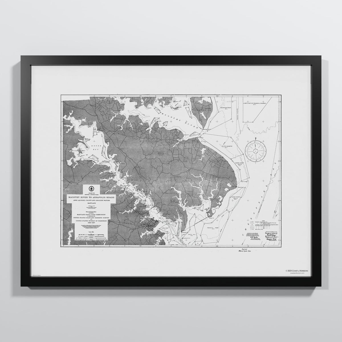 Magothy River to Annapolis Roads Natural Oyster Bars 1906 - M (45x60 cm / 18x24″) Black Frame