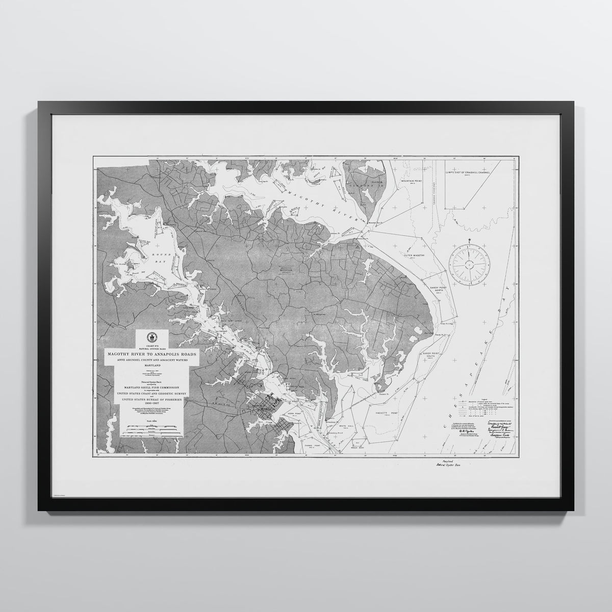 Magothy River to Annapolis Roads Natural Oyster Bars 1906 - L (60x80 cm / 24x32″) Black Frame
