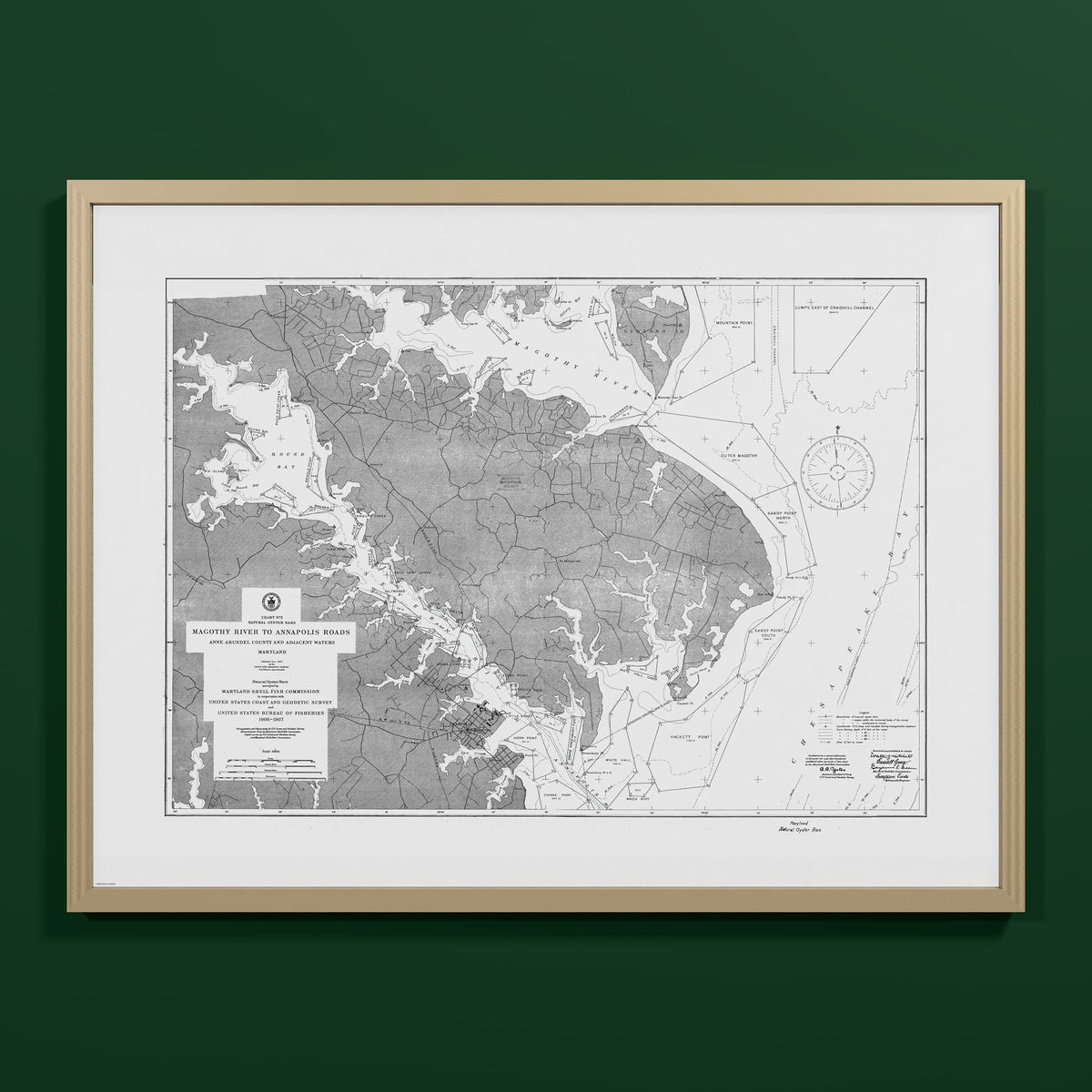 Magothy River to Annapolis Roads Natural Oyster Bars 1906 - L (60x80 cm / 24x32″) Natural Frame