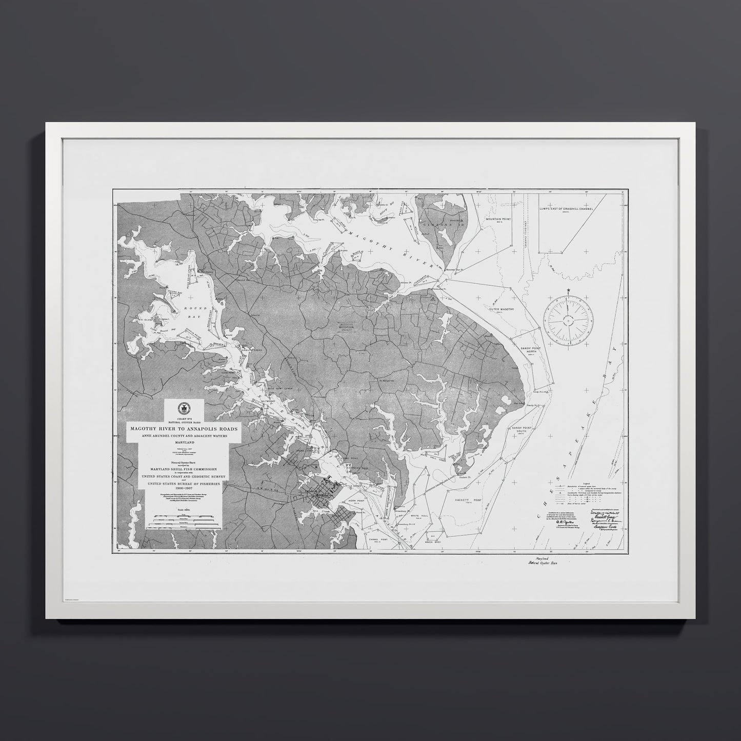 Magothy River to Annapolis Roads Natural Oyster Bars 1906 - L (60x80 cm / 24x32″) White Frame