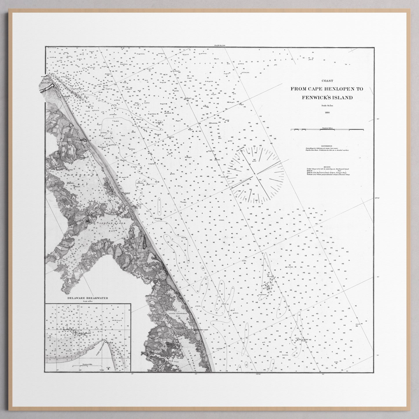 Cape Henlopen to Fenwicks Island 1880 - L (70x70 cm / 28x28″) Natural Frame
