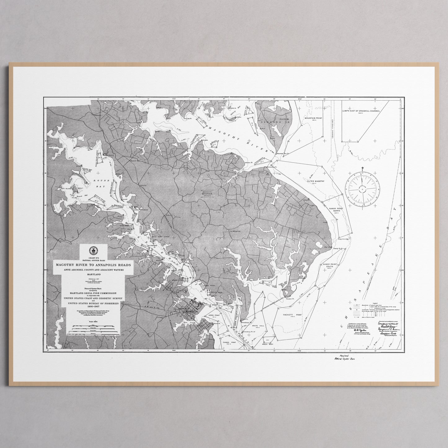 Magothy River to Annapolis Roads Natural Oyster Bars 1906 - L (60x80 cm / 24x32″) Natural Frame