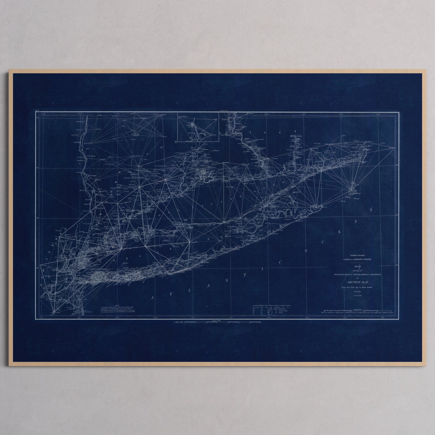 Long Island Sound Triangulation INDIGO - M (A2 (42 x 59.4 cm)) Natural Frame