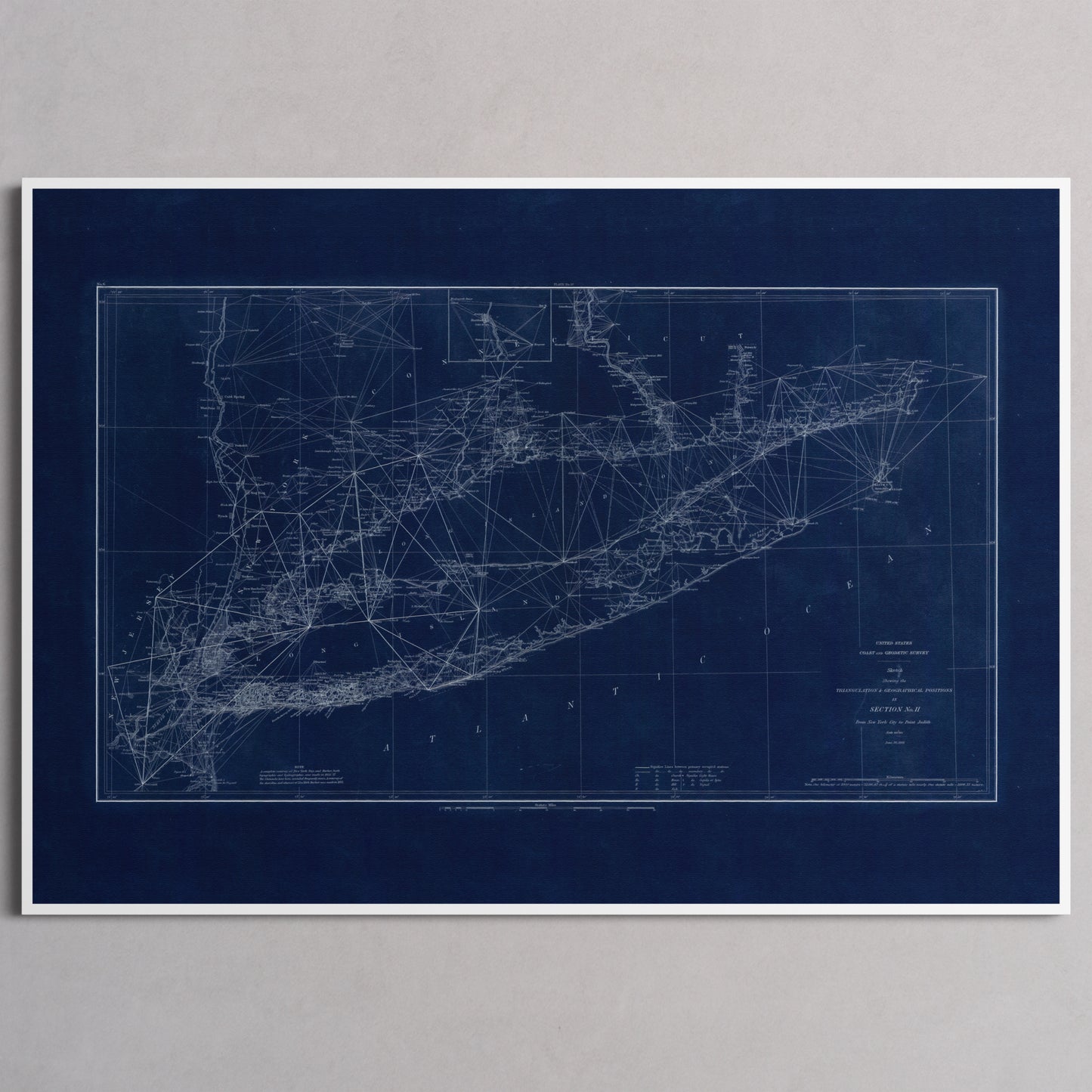 Long Island Sound Triangulation INDIGO - XL (70x100 cm / 28x40″) White Frame