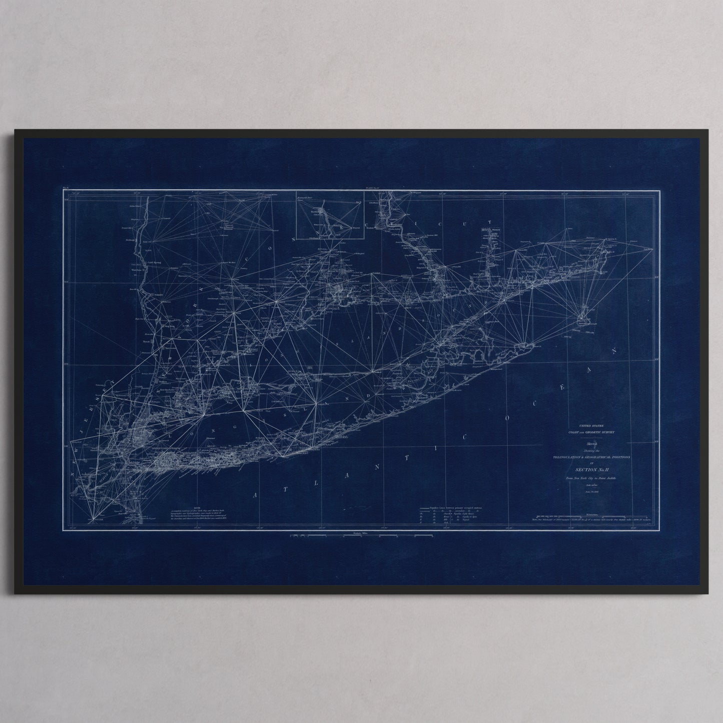 Long Island Sound Triangulation INDIGO - L (60x90 cm / 24x36″) Black Frame