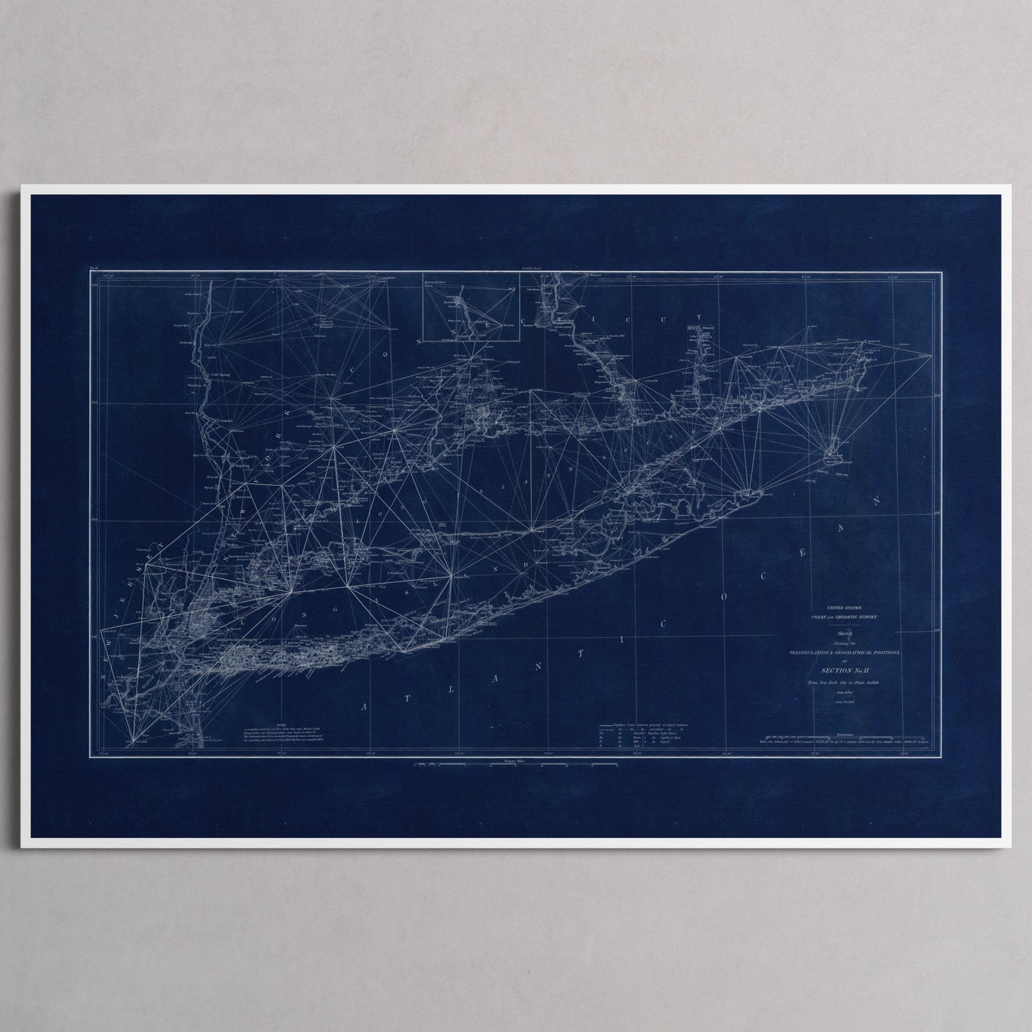 Long Island Sound Triangulation INDIGO - L (60x90 cm / 24x36″) White Frame